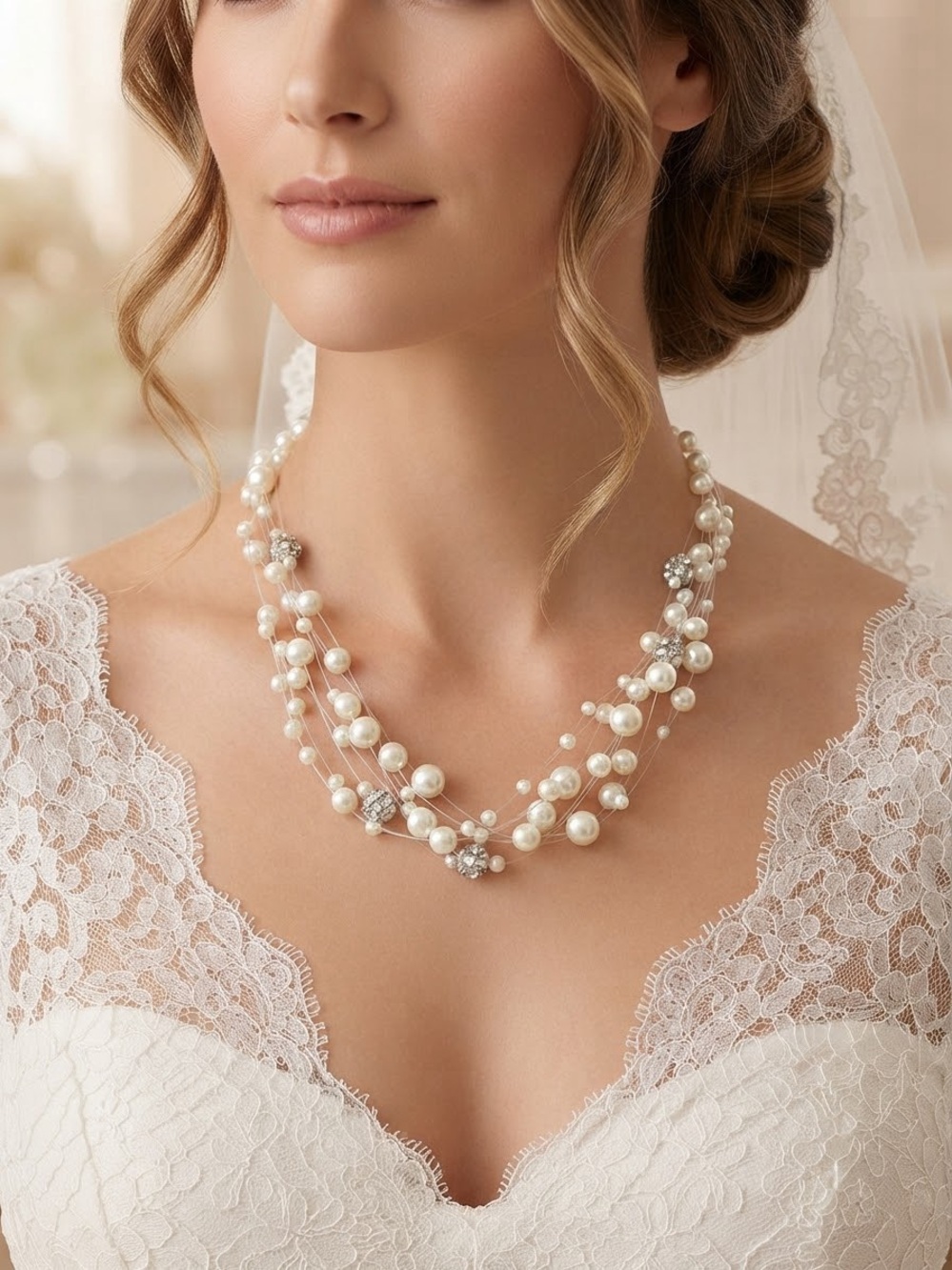 Multi-Strand Floating Illusion Pearl and Crystal Necklace 18โ